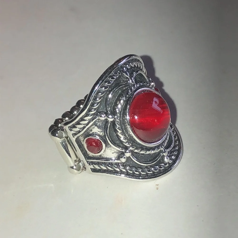 Red Faux Stone Silver Tone Filigree Boho Ring